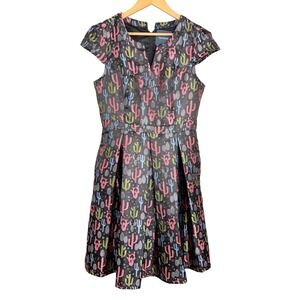 ModCloth Cactus Print Fit and Flare Dress Black Pink Green Cap Sleeve Pockets 12